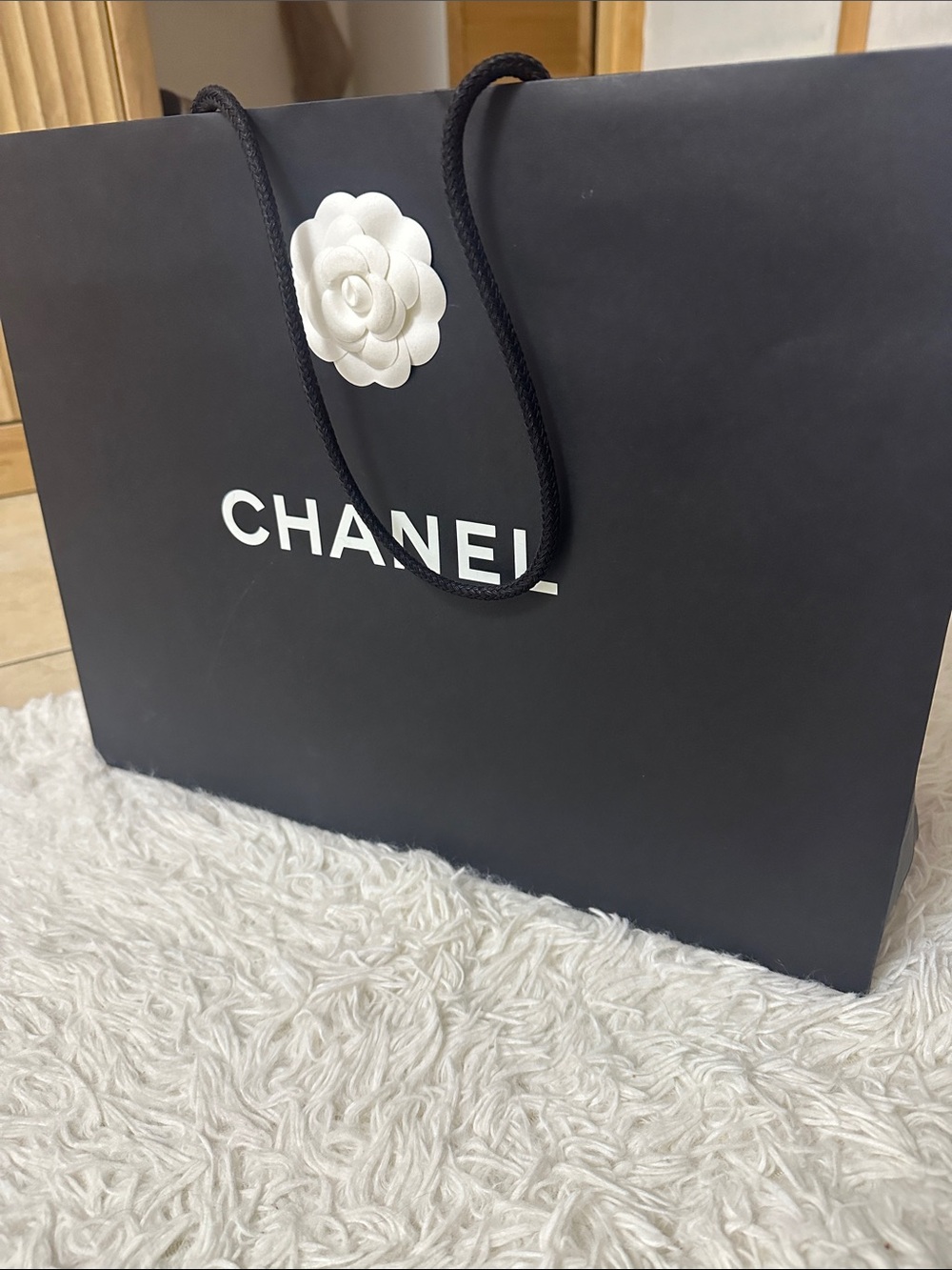 CHANEL Black Tote Bag with White Camellia Detail ( size 17”13”6.5”)